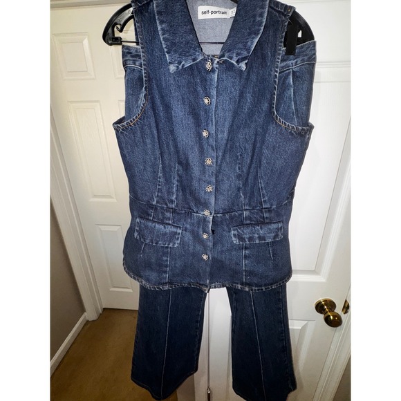 Self Portrait Denim Vest Peplum Flare Pants Set Blue Button Front Size 10 - Picture 12 of 13
